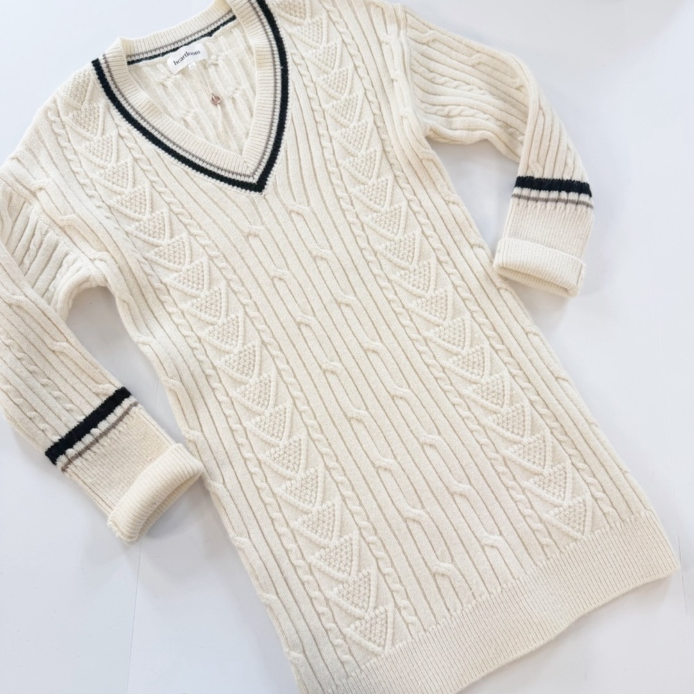 Heartloom Evereve Womens Large Odette Varsity Ivory Cableknit Sweater Dress - Picture 2 of 11